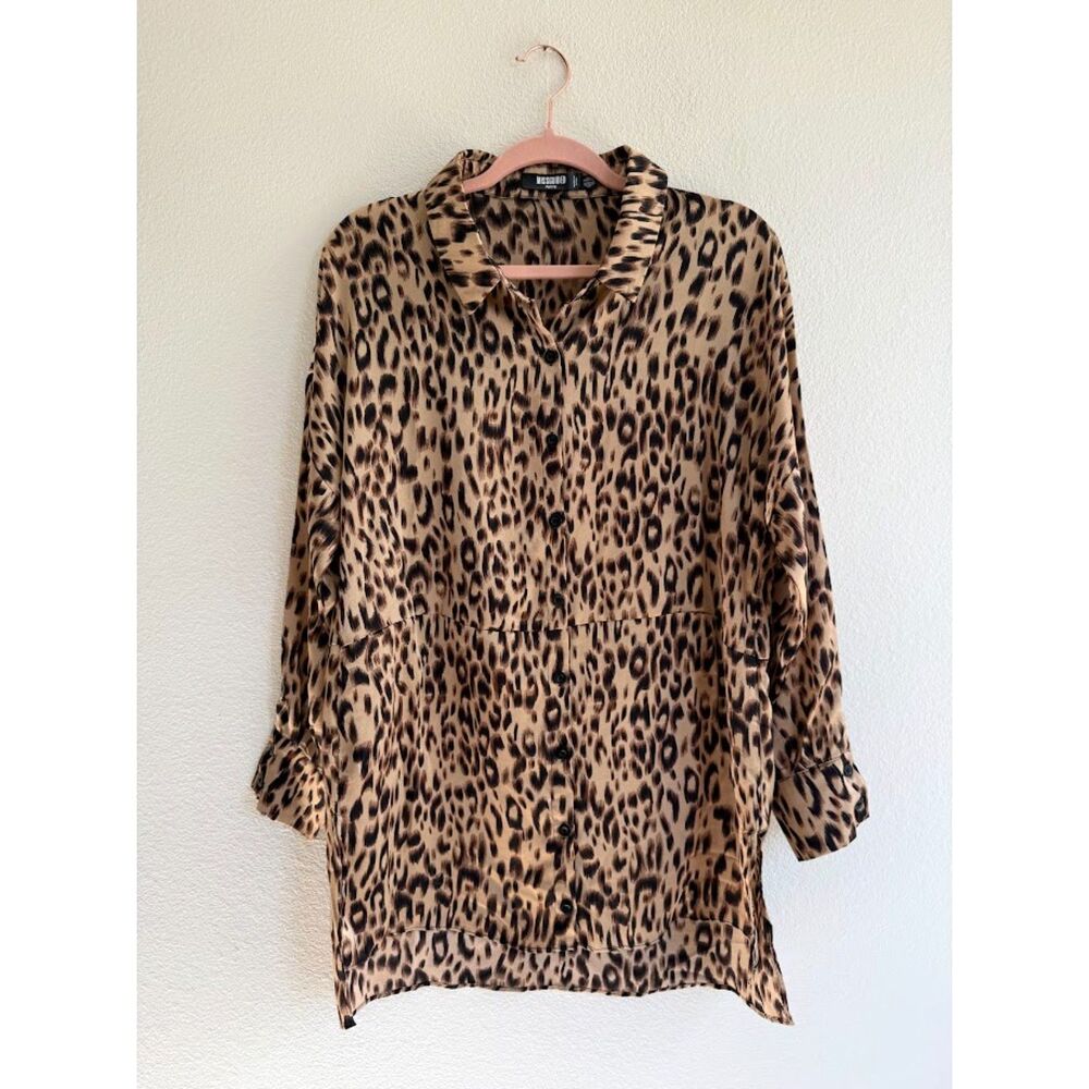 Missguided Petite Leopard Print Satin Shirt Dress in Tan Brown & Black size 4